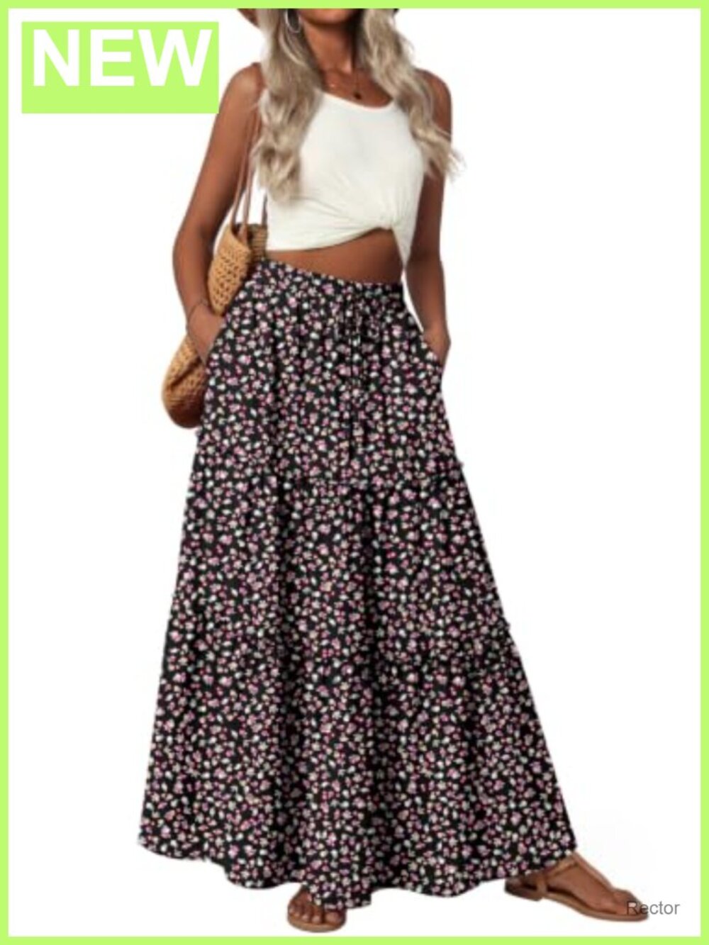 Boho Maxi Skirt High Waisted Drawstring Ruffle Hem Pockets